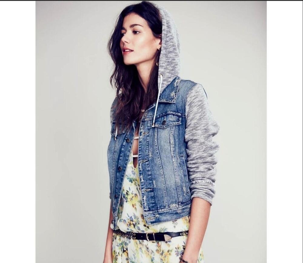 Free People Knit Hooded Denim Jacket Medium Wash Distressed, Moto XS Grunge